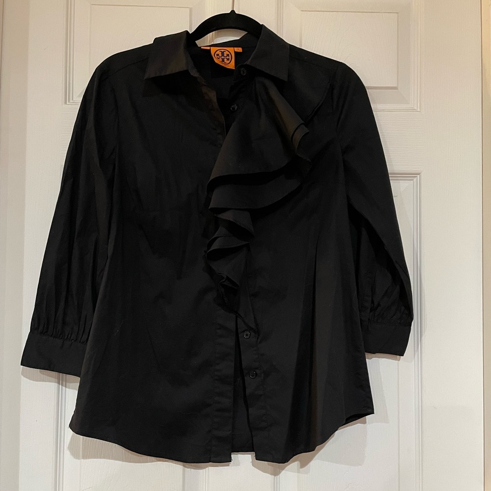Tory Burch Black Asymmetrical Ruffle Button Down, Size 4